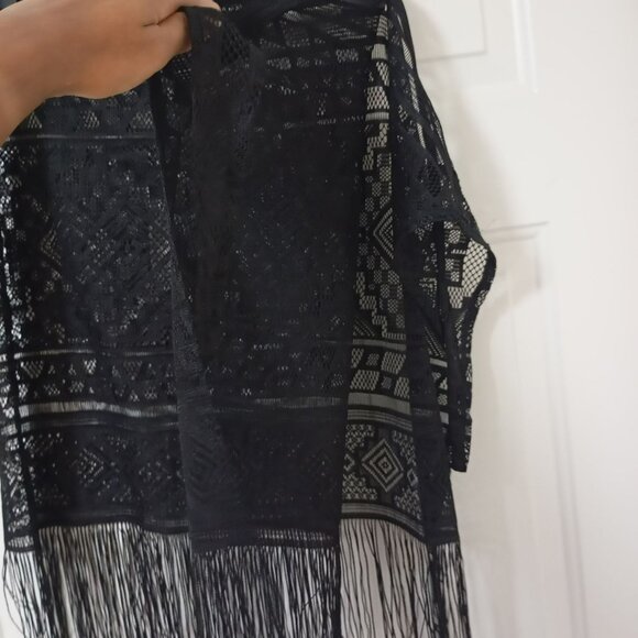 Black Sheer Lace Fringe Swim Cover-Up Sarong Womens One Size - Picture 5 of 10